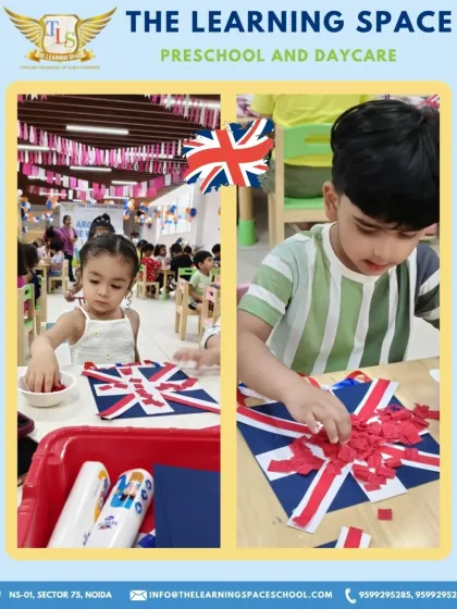 Look at the concentration. Children carefully piece together red and blue strips to create the Union Jack, an activity that enhances their fine motor skills and attention to detail.