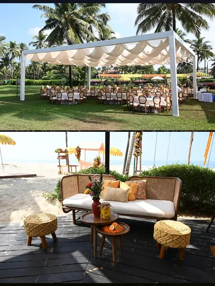 For this beachside Haldi, we used a bohemian-chic decor style with rattan furniture and earthy tones, creating a relaxed and intimate vibe.
