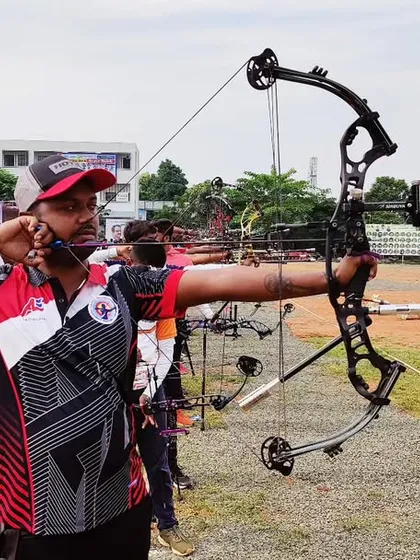 The intensity of competition is where our training pays off. This is one of our senior archers demonstrating perfect compound bow technique during a state-level event.