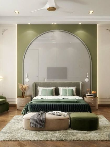 Day and night visualizations of a bedroom with a classic-meets-modern aesthetic, featuring a large arch headboard and olive green accents. This comparison effectively shows the impact of different lighting scenarios.