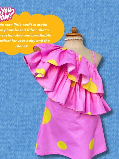 Did you know this cute outfit is made from plant-based fabric? Our pink and yellow polka dot dress is not only stylish but also sustainable and breathable, making it perfect for your baby and the planet.