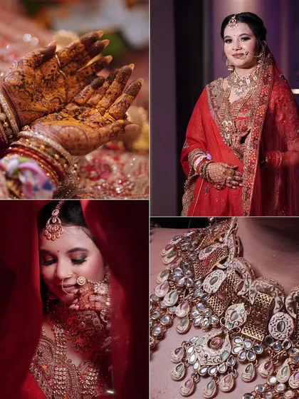 An album page showcasing the beautiful details of the bride's look, including her henna, jewelry, and expressions.