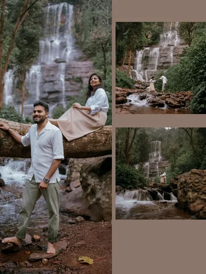 This collage shows different angles of the couple enjoying the waterfall location, giving a complete picture of their experience.