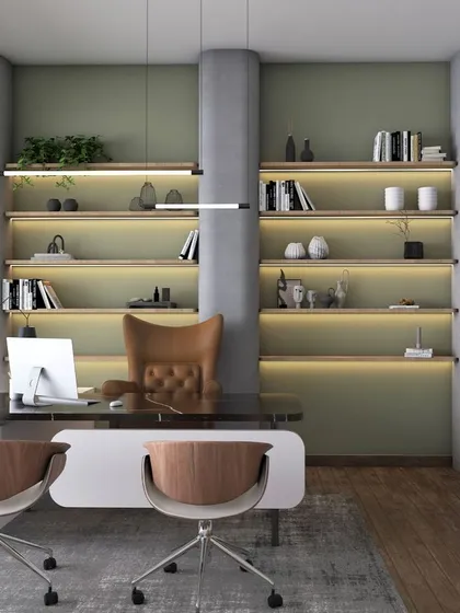 This is a 3D visualization created for a client's executive cabin. Using realistic renders like this allows you to see and feel the space before any physical work begins, ensuring the final design, from the backlit shelving to the furniture, perfectly aligns with your vision.