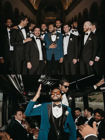 A groom deserves his own style moment. For Aakash, we chose a bold yet elegant teal velvet tuxedo that stood out from the classic black worn by his groomsmen. This collage captures the energy and confidence of a groom who is styled to perfection, from formal portraits to candid moments of celebration with his best men.