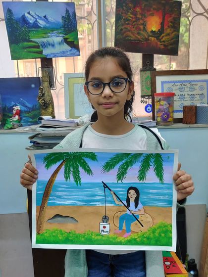 A peaceful beach scene with a girl fishing, created with lovely details like the palm tree and the waves.