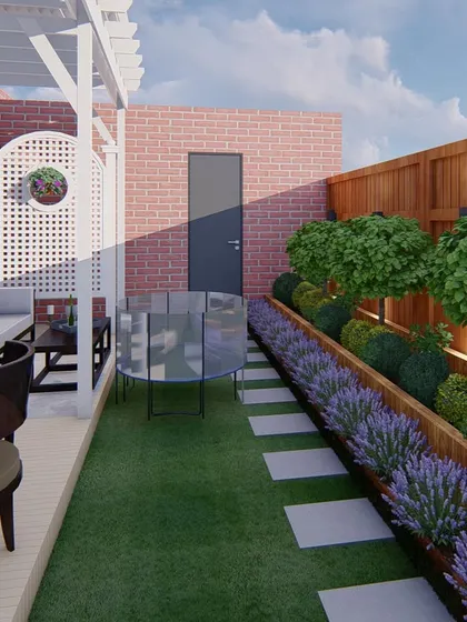 A design rendering for a family with a young child. We included a long planter for lavender, a soft lawn for playtime, and a comfortable seating deck for the parents to watch over them.