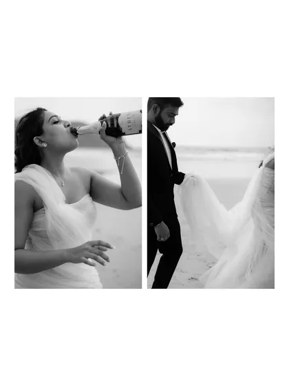 A fun and stylish diptych showing two sides of their celebration. One moment of playful fun, and another of quiet elegance as they walk along the beach.