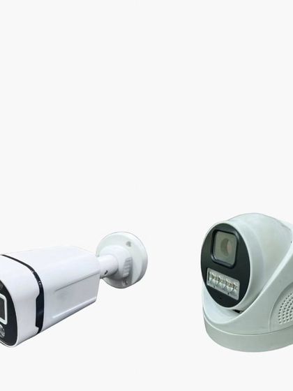 This image shows a modern bullet camera and a turret-style dome camera. Both offer high-definition recording and are suitable for professional security setups.