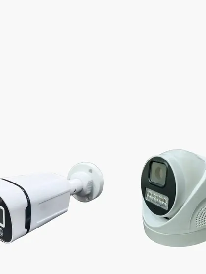 This image shows a modern bullet camera and a turret-style dome camera. Both offer high-definition recording and are suitable for professional security setups.
