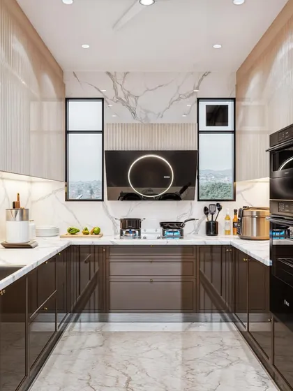 A modern kitchen visualization with sleek, high-gloss cabinets and a marble backsplash. The render focuses on the clean lines and the reflection of light on the different surfaces.