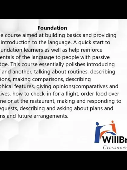 An introduction to my Foundation course. This program is designed to build the basics, covering essential skills like introductions, describing routines, ordering food, and making polite requests.