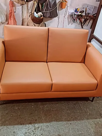 Another view of the tan office sofa, showing its sturdy construction and quality upholstery work. I can make these in any size or colour to fit your office decor.