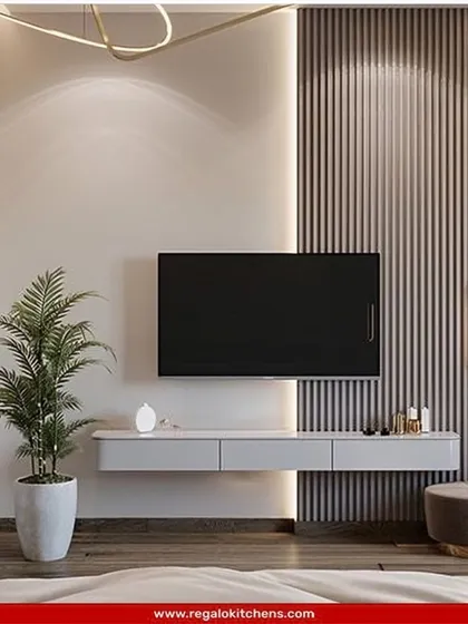 This minimalist floating console is paired with a fluted wood accent wall. The simple design is perfect for creating a serene and uncluttered bedroom or living area.