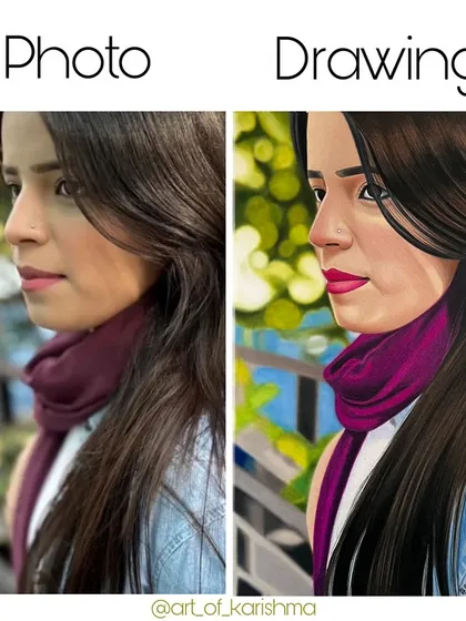 Reference versus artwork. This comparison shows how I can take a simple photo and turn it into a vibrant, detailed color portrait with a unique artistic feel.