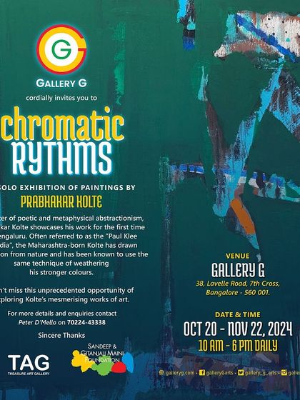 The official invitation to 'Chromatic Rhythms,' a solo exhibition of paintings by the master of poetic and metaphysical abstractionism, Prabhakar Kolte.