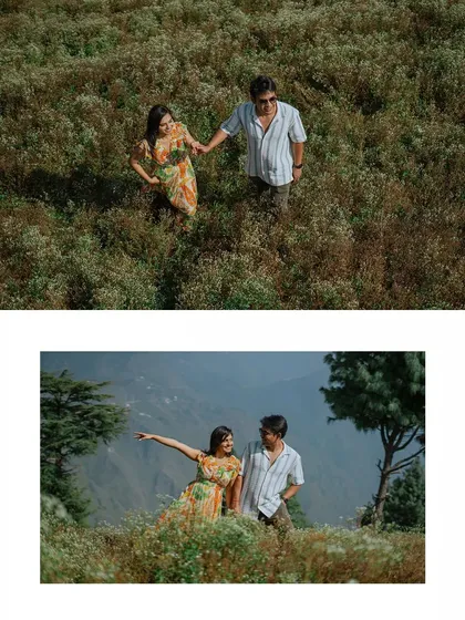 A collage showing a couple enjoying the natural scenery of the mountains during their pre-wedding adventure.