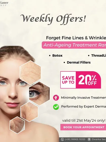 This graphic details one of our weekly offers, providing a discount on our range of minimally invasive anti-ageing treatments, including Botox, dermal fillers, and threadlifts, all performed by expert dermatologists.