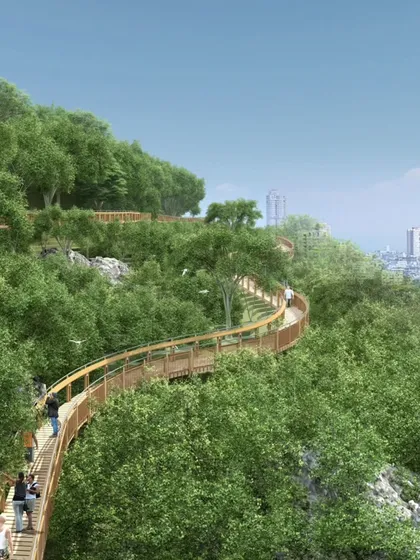 The walkway gently curves along the contours of Malabar Hill, offering changing vistas of the forest and the city beyond. The design creates a cinematic journey, revealing new perspectives at every turn.