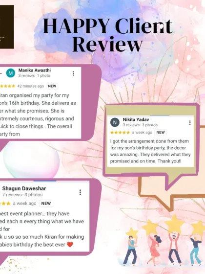 A collage of wonderful 5-star reviews from happy clients like Manika, Nikita, and Shagun, who praise my ability to deliver on promises and create the "best event ever" for their children.
