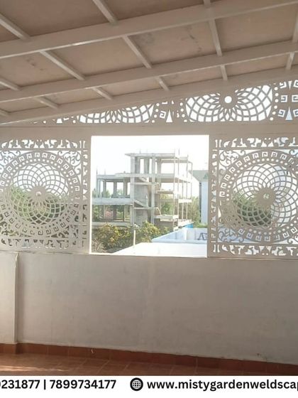 A closer look at the installed CNC panels, showing the detail of the cutouts. These panels are custom-designed to fit the specific dimensions of the project, ensuring a perfect fit.