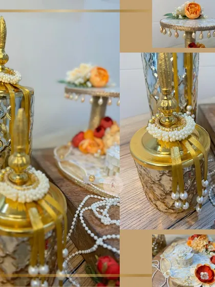 This shot highlights the matching decorative jars that come with our mother-of-pearl ring platter set. Adorned with traditional pearl and gajra details, they complete the look and add a touch of timeless elegance.