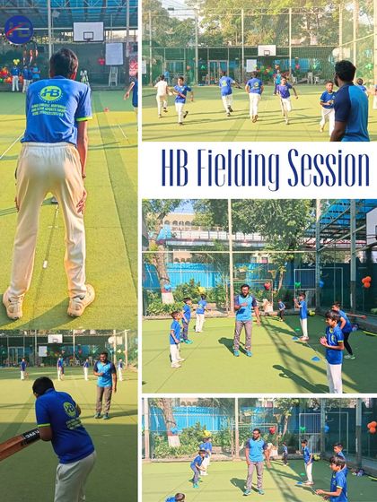 Mastering fielding the HB Sports way. This collage highlights a fielding session where players work on lightning-fast reflexes, sharp moves, and unstoppable team energy on a turf field.