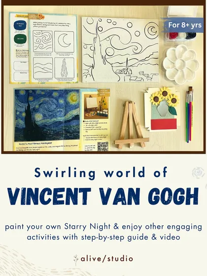 Bring the creativity home with our DIY Art Kits. This Van Gogh-themed kit has everything your child needs for a screen-free art session, including a pre-drawn canvas, paints, and easy-to-follow instructions.