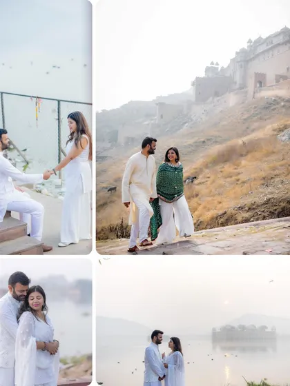 A collage from a pre-wedding shoot in Jaipur, showcasing the regal beauty of Rajasthan. From the majestic Amer Fort to the serene Jal Mahal, we use the location to tell a story of timeless love.