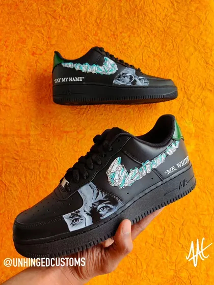 Another shot of the Breaking Bad kicks. The swoosh is designed to look like the iconic Blue Sky meth from the show.