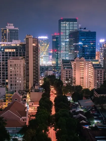 The modern skyline of a Vietnamese city at night, with a tree-lined road leading the viewer's eye toward the illuminated buildings.