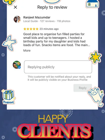 A screenshot of another positive review from a "Happy Client," who calls it a "good place to organise fun filled parties for small kids and up to teenagers."