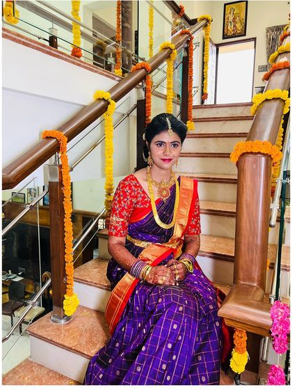 The elegance of a traditional silk saree look is unmatched. I ensured the makeup was classic and refined to match the dignity of the pellikuthuru ceremony.