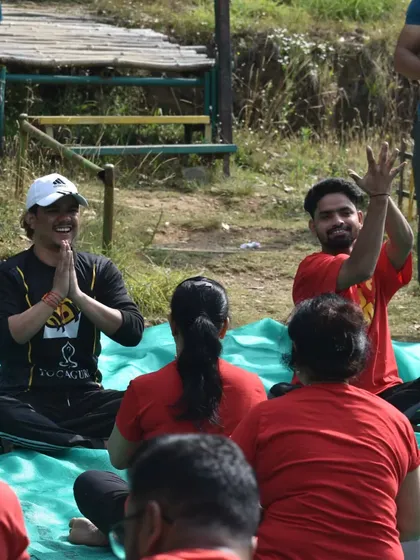 Smiles and namastes. The joy of practicing yoga together outdoors.