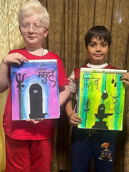 My students with their Mahashivratri artwork, featuring the Shivling and symbols of Lord Shiva. It's a creative way to connect with spirituality.