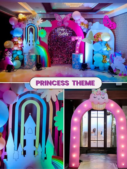 A collage showcasing a modern Princess theme with a rainbow castle, a cupcake-topped entrance arch, and a beautiful stage setup perfect for a royal celebration.