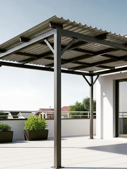 A practical and sturdy metal pergola with a corrugated metal roof. This design offers full protection from rain and sun, making it a highly functional choice for an all-weather outdoor space.