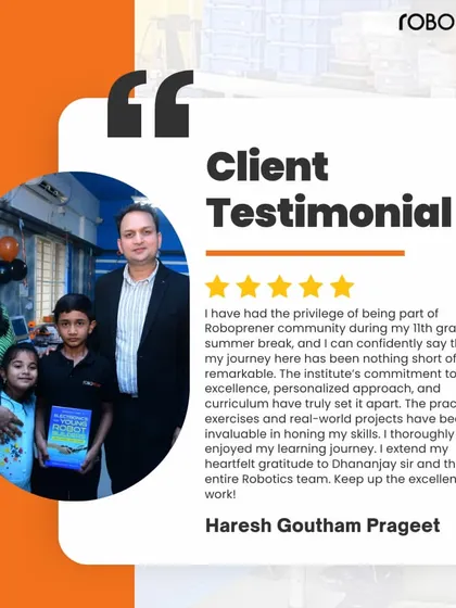 A student, Haresh Goutham Prageet, shares his remarkable journey with the Roboprenr community. He emphasizes how our personalized approach, practical exercises, and real-world projects were invaluable in honing his skills during his 11th-grade summer break.