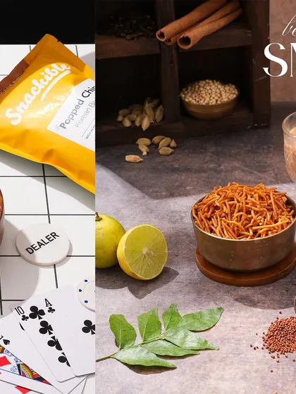 This collage-style image for a snack brand combines shots of the packaging, the final product, and the raw spices. It's a great way to tell the "behind the snack" story in a single, engaging visual.
