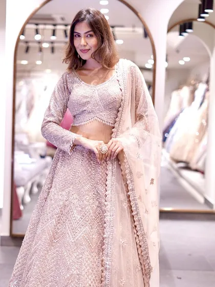 Find your perfect wedding look with my stunning lehengas, like this beautiful pastel piece from the Jalsa Collection.