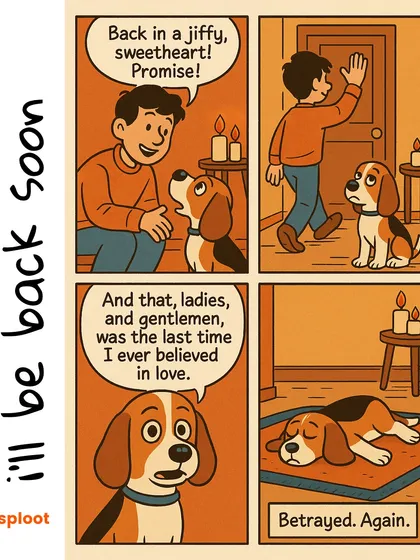 The three stages of betrayal when you leave the house: hope, denial, and emotional damage. This comic is painfully relatable for any dog parent.