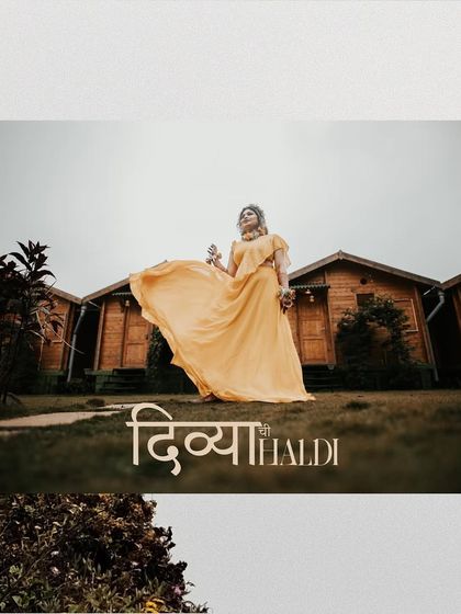 An elegant graphic for 'Divya's Haldi', with a beautiful shot of the bride in her flowing yellow dress.