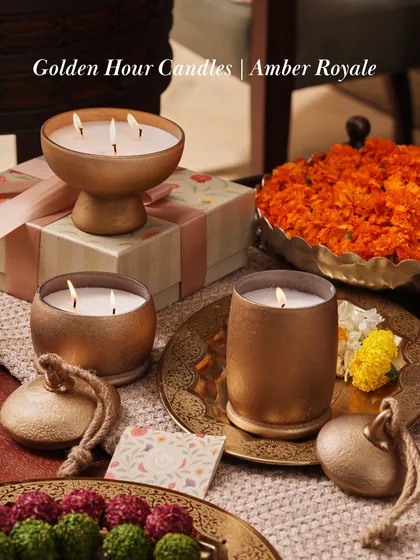 Golden Hour is more than a time of day; it’s a feeling. This collection, with its warm metallic finish and Amber Royale fragrance, was born from that serene moment, crafted to translate light into fragrance and time into memory.