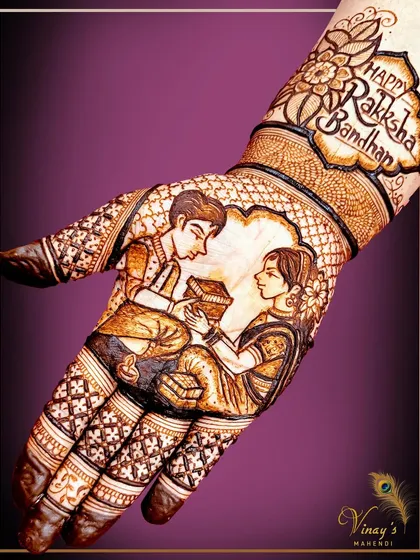 Celebrating the bond of siblings with this special Raksha Bandhan design. The artwork captures a sister tying a rakhi on her brother's wrist, a beautiful moment immortalized in henna.