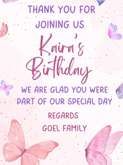 A matching thank you card for Kaira's lavender-themed birthday party.