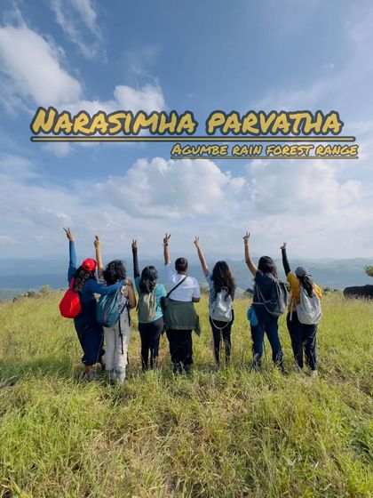 A group photo from our Narasimha Parvatha trek, celebrating the climb in the beautiful grasslands of the Agumbe range.