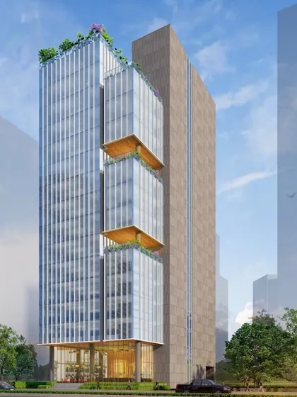This illustration presents a visionary commercial building concept. The sleek glazing reflects the city's energy, while the terraced green spaces integrate nature into the high-rise form, redefining urban commercial architecture.