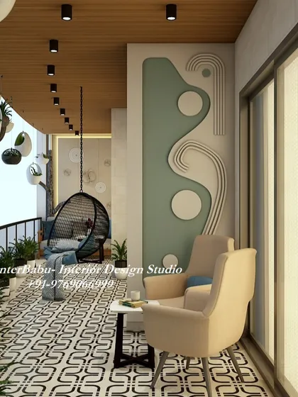 I believe every home needs a special corner to unwind. Here is a spacious 400 sq. ft. balcony I designed to feel like a luxurious private terrace, complete with a comfortable swing chair, lush planters, and unique floor patterns. It’s the perfect spot to de-stress after a long day.