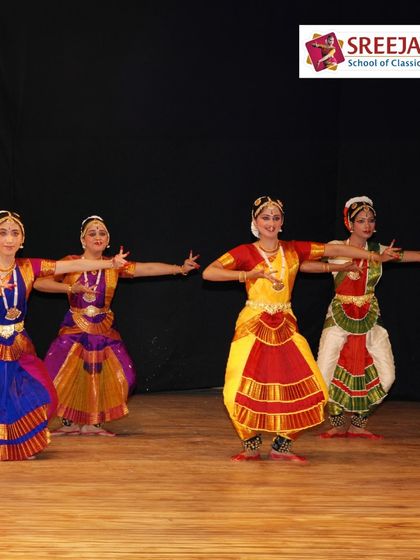 Four of my students performing in perfect unison during Nrithya Sandhya. Their matching costumes and synchronized movements create a visually stunning effect.