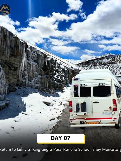 Day 7 involves the return journey to Leh via the high Tanglangla Pass, with stops at the famous Rancho School and Shey Monastery.